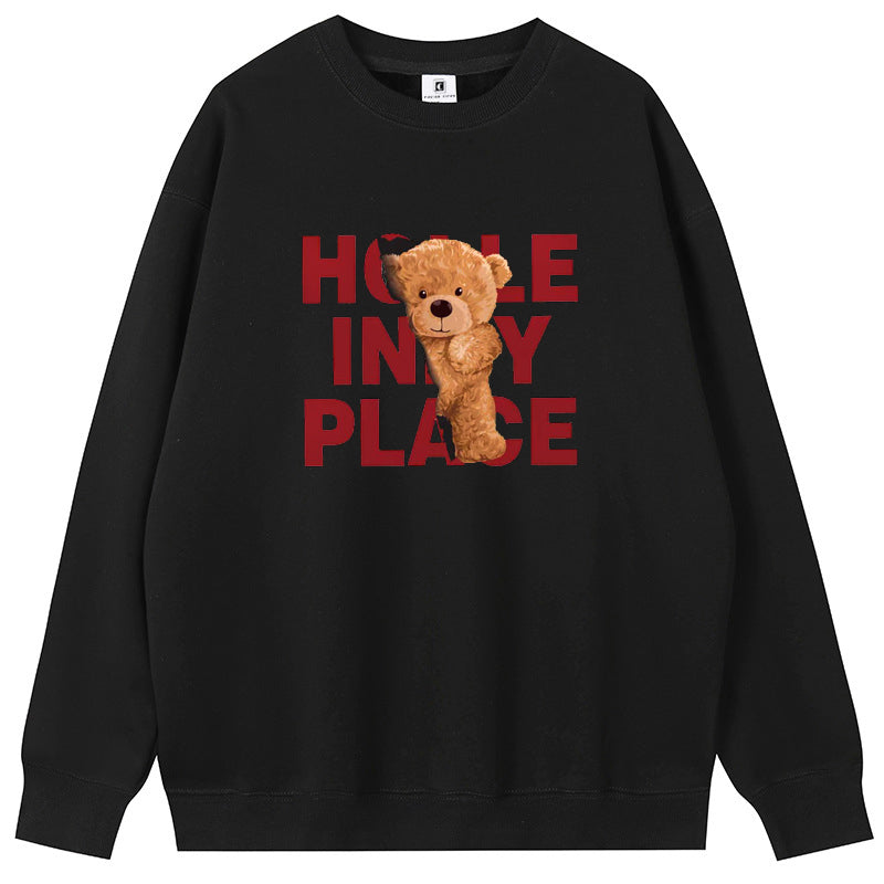 Hello Cute Bear Combed Cotton with Fleece Unisex Hoodies Crew Neck Sweatshirts