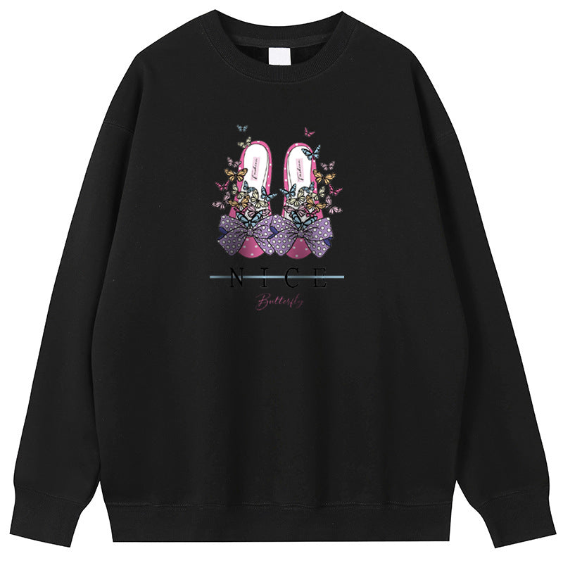 Bow shoes Cotton Crew Neck Hoodies Fleece Pullover Sweatshirts