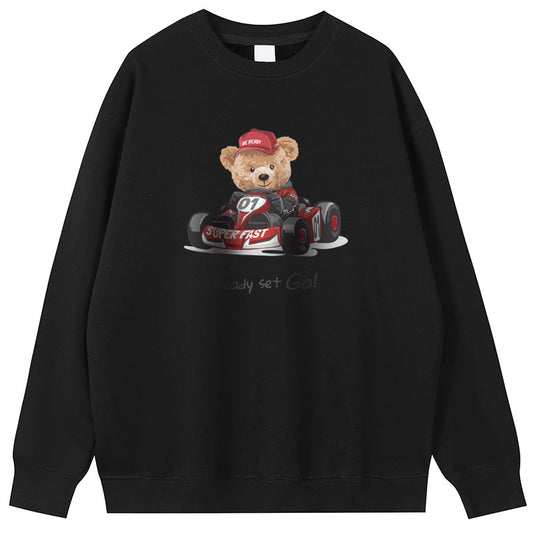 Racing Bear Cotton Crew Neck Hoodies Fleece Pullover Sweatshirts