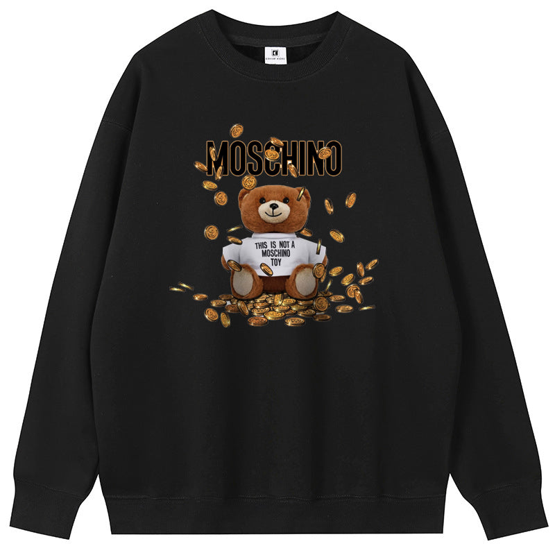 Cute Coin Teddy Bear Printed Unisex Crew Neck Fleece Hoodies Couple Sweatshirts