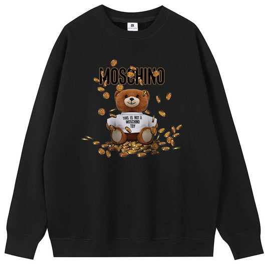 Cute Coin Teddy Bear Printed Unisex Crew Neck Fleece Hoodies Couple Sweatshirts