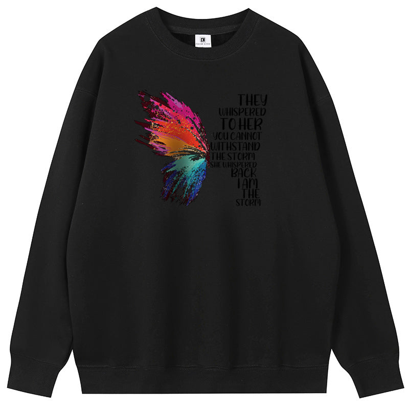 Half a colorful butterfly Cotton with Fleece Long Sleeve Hoodies Crew Neck Couple Gifts