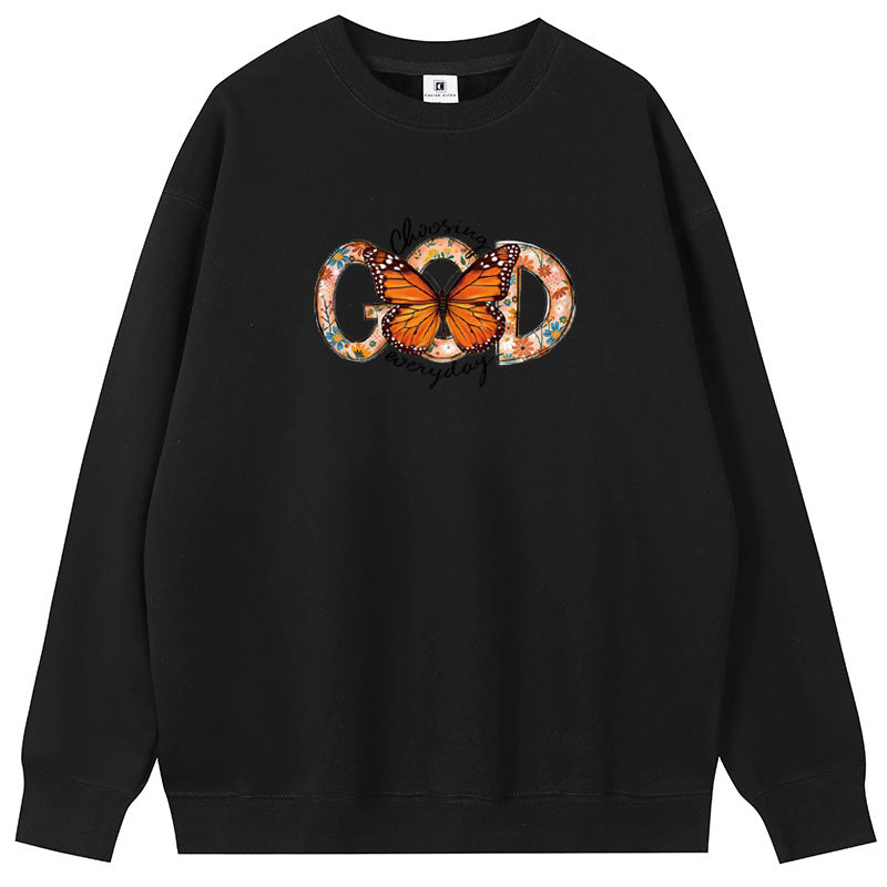 God Behind the Butterfly Cotton Crew Neck Hoodies Fleece Pullover Sweatshirts