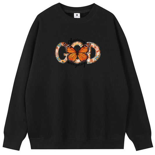 God Behind the Butterfly Cotton Crew Neck Hoodies Fleece Pullover Sweatshirts