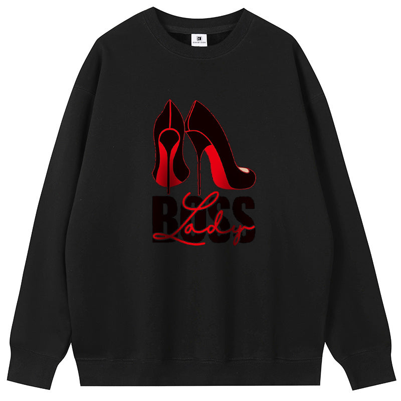 Boss Lady Fashion Cotton Plush Crew Neck Hoodies Fleece Pullover Sweatshirts