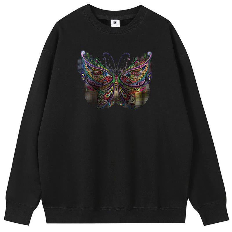 Color Butterfly Cotton with Fleece Long Sleeve Hoodies Crew Neck Couple Gifts