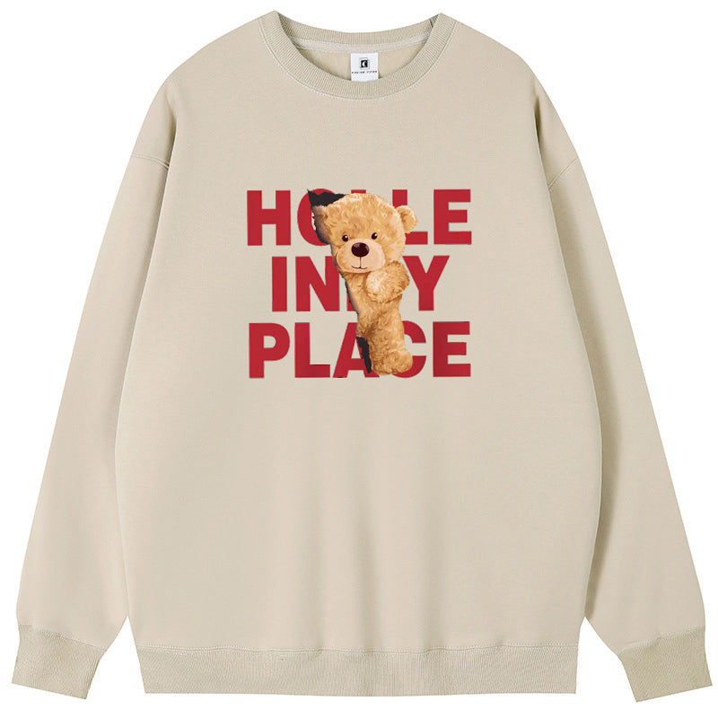 Hello Cute Bear Combed Cotton with Fleece Unisex Hoodies Crew Neck Sweatshirts