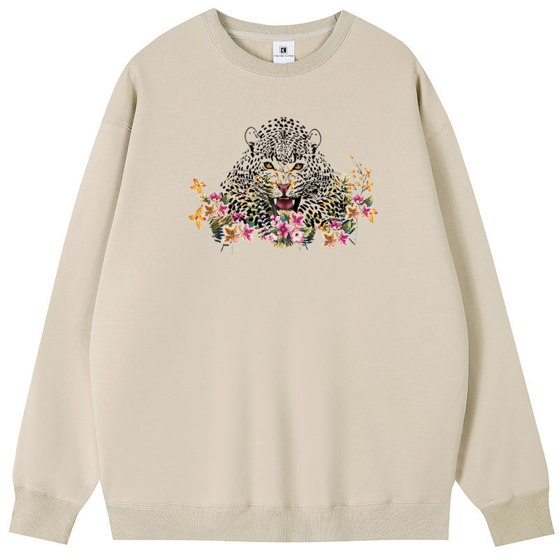 Tiger in the flowers Cotton with Fleece Long Sleeve Hoodies Crew Neck Couple Gifts