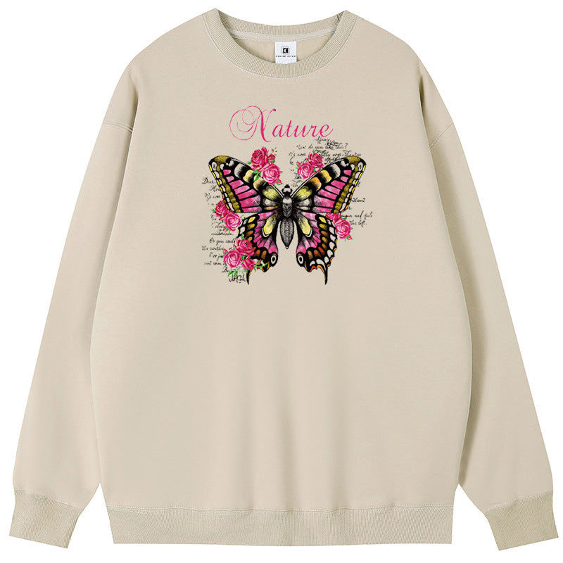 Butterfly among flowers Cotton with Fleece Long Sleeve Hoodies Crew Neck Couple Gifts