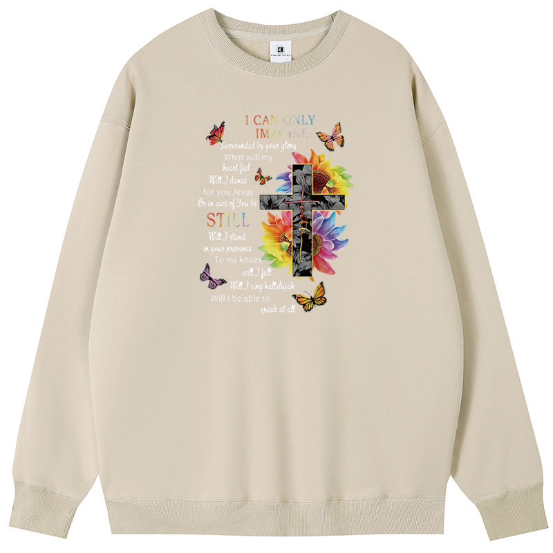 Cross among flowers Cotton with Fleece Unisex Hoodies Crew Neck Sweatshirts