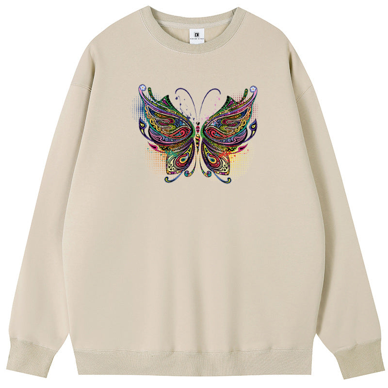 Color Butterfly Cotton with Fleece Long Sleeve Hoodies Crew Neck Couple Gifts