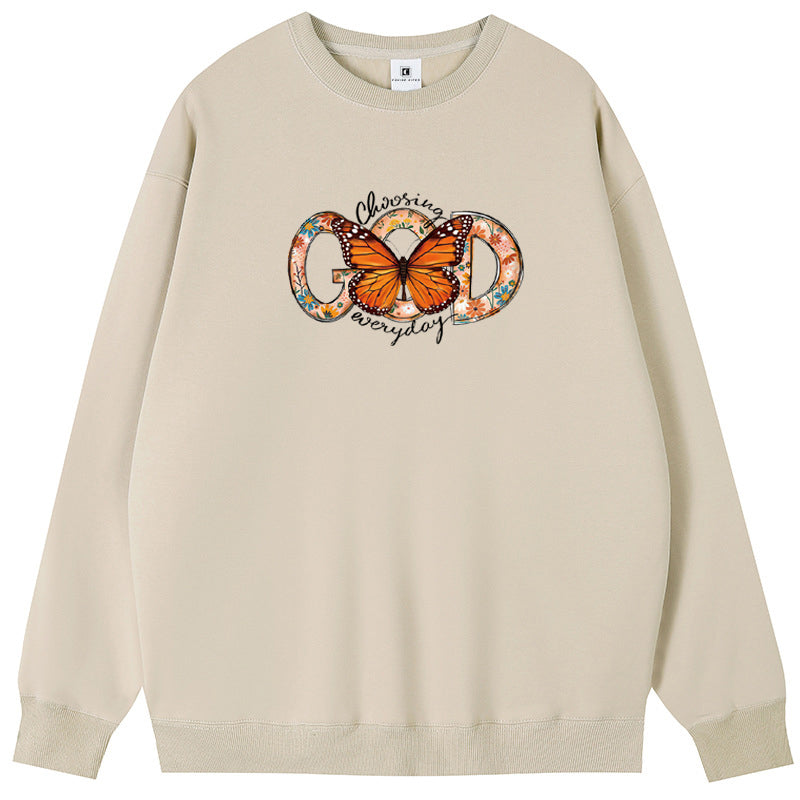 God Behind the Butterfly Cotton Crew Neck Hoodies Fleece Pullover Sweatshirts