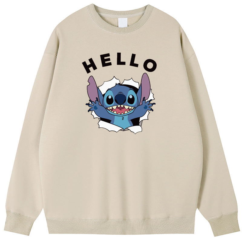 HELLO Stitch Cotton Crew Neck Hoodies Fleece Pullover Sweatshirts