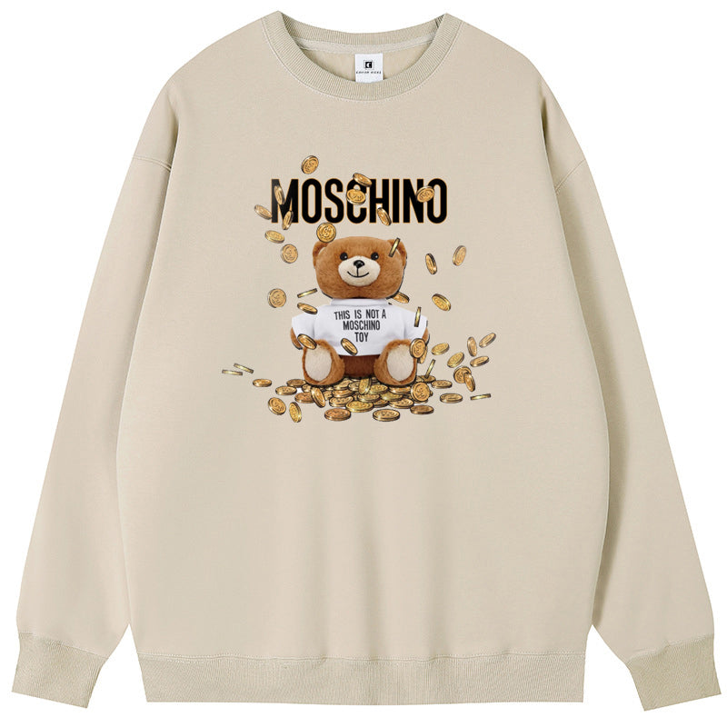 Cute Coin Teddy Bear Printed Unisex Crew Neck Fleece Hoodies Couple Sweatshirts