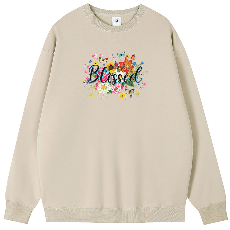 Butterfly in the flowers Cotton with Fleece Unisex Hoodies Crew Neck Sweatshirts