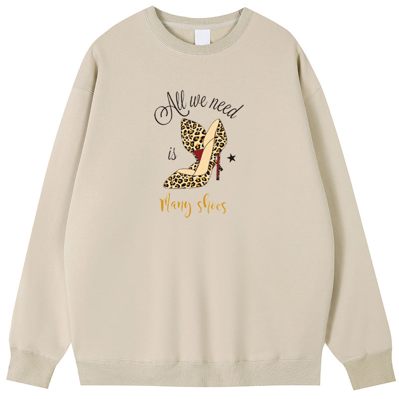 Leopard print high heels Cotton Crew Neck Hoodies Fleece Pullover Sweatshirts