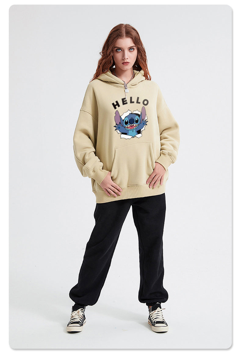 HELLO Stitch Cotton Hooded Collar Pullover Sweatshirts Casual Long Sleeve Shirts