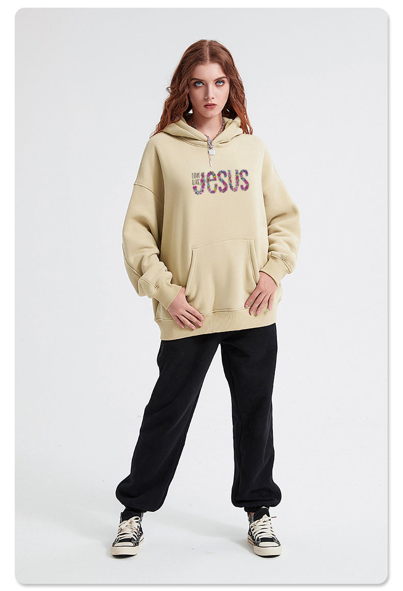 JESUS Cotton Hooded Collar Pullover Sweatshirts Casual Long Sleeve Shirts