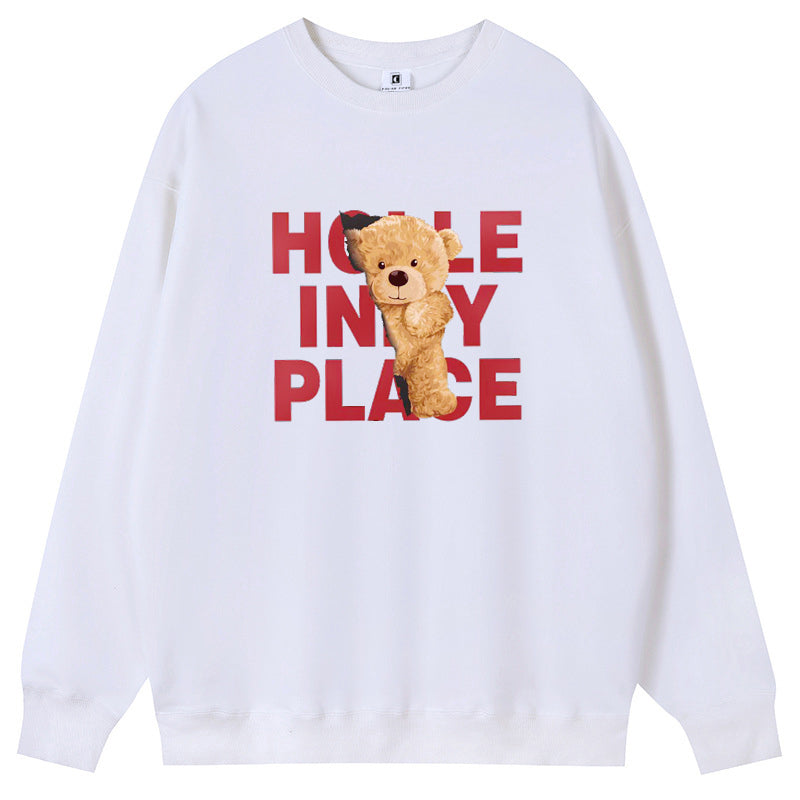 Hello Cute Bear Combed Cotton with Fleece Unisex Hoodies Crew Neck Sweatshirts