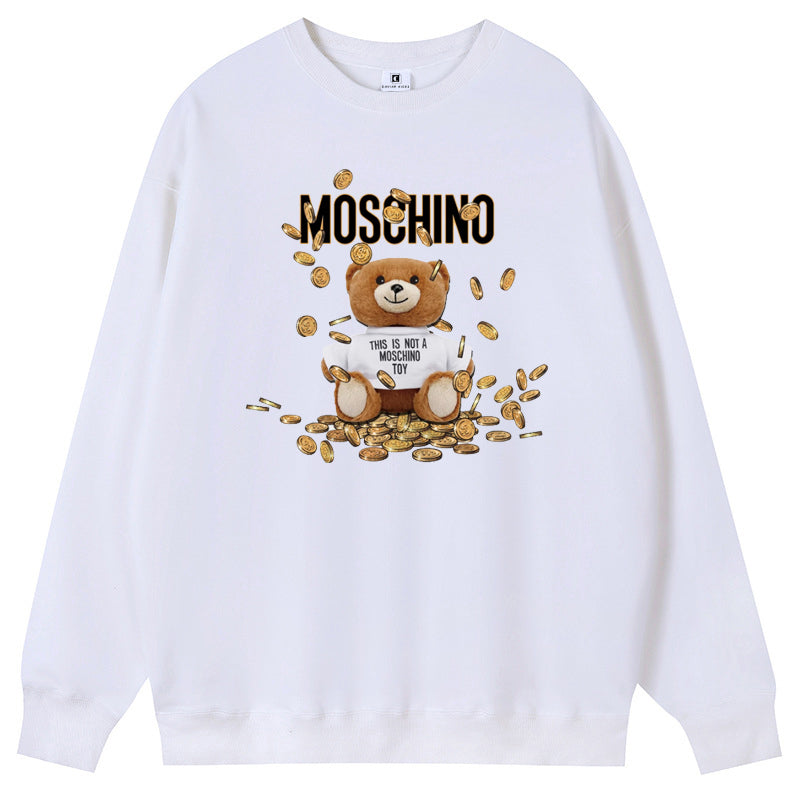 Cute Coin Teddy Bear Printed Unisex Crew Neck Fleece Hoodies Couple Sweatshirts