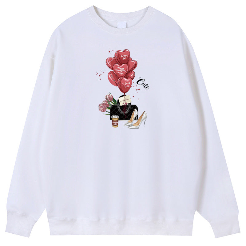 Red heart shaped balloons Cotton Crew Neck Hoodies Fleece Pullover Sweatshirts