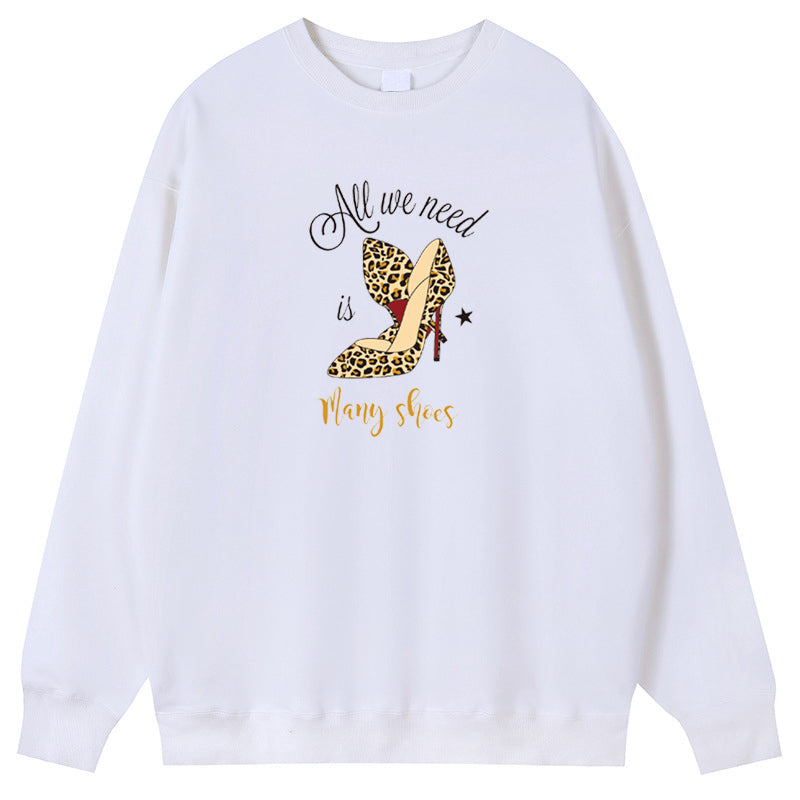 Leopard print high heels Cotton Crew Neck Hoodies Fleece Pullover Sweatshirts