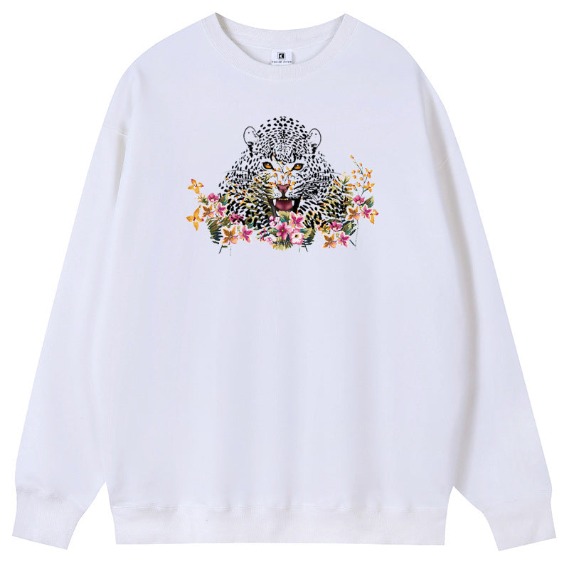 Tiger in the flowers Cotton with Fleece Long Sleeve Hoodies Crew Neck Couple Gifts