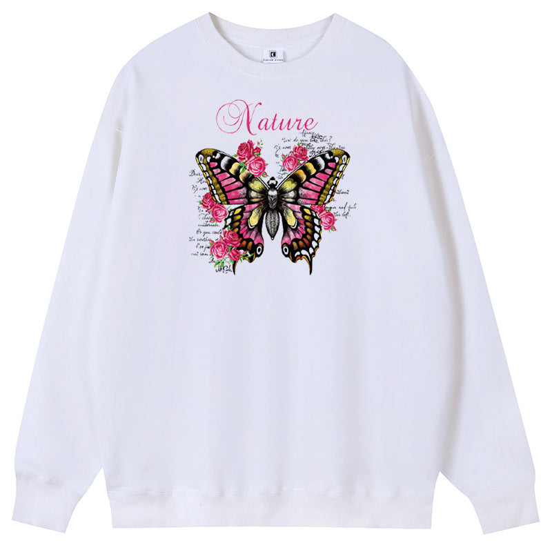 Butterfly among flowers Cotton with Fleece Long Sleeve Hoodies Crew Neck Couple Gifts