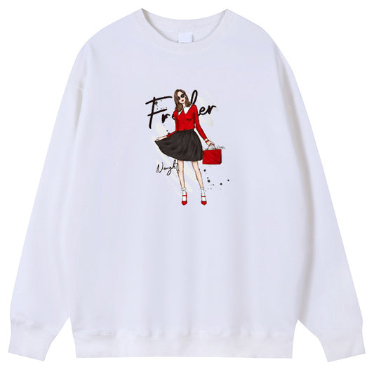 Modern girl in red Cotton Crew Neck Hoodies Fleece Pullover Sweatshirts