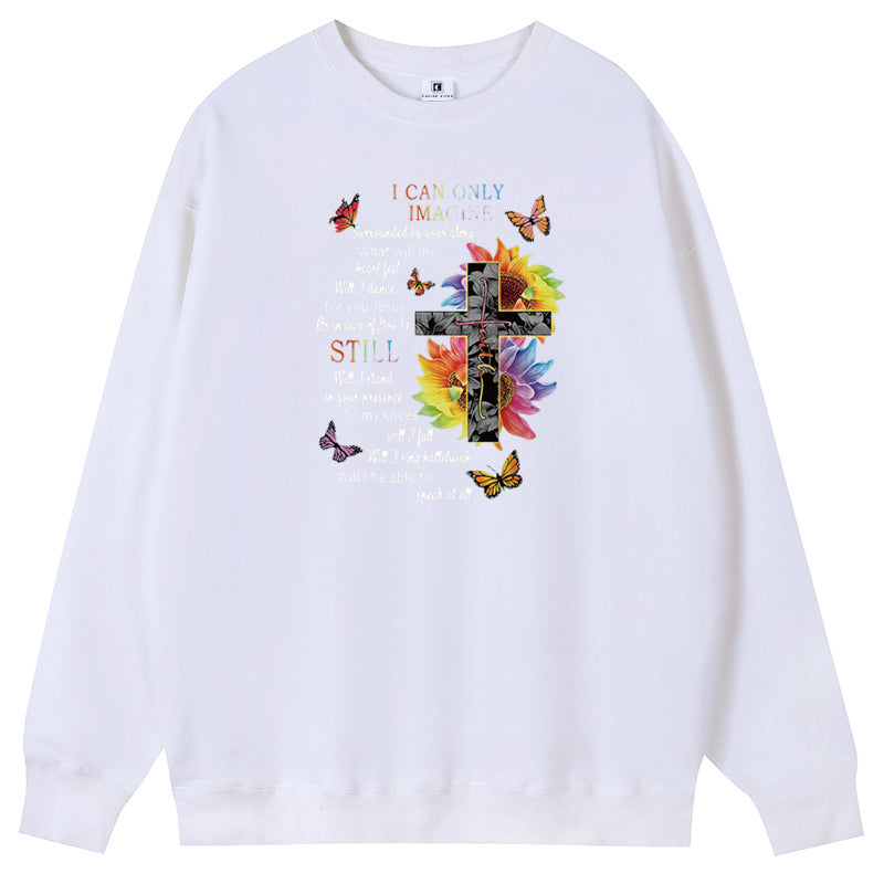 Cross among flowers Cotton with Fleece Unisex Hoodies Crew Neck Sweatshirts