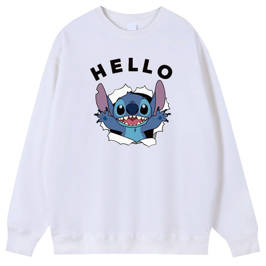 HELLO Stitch Cotton Crew Neck Hoodies Fleece Pullover Sweatshirts