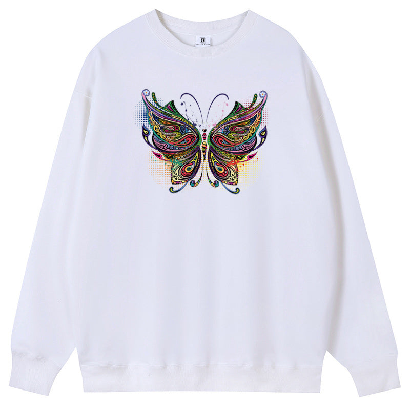 Color Butterfly Cotton with Fleece Long Sleeve Hoodies Crew Neck Couple Gifts