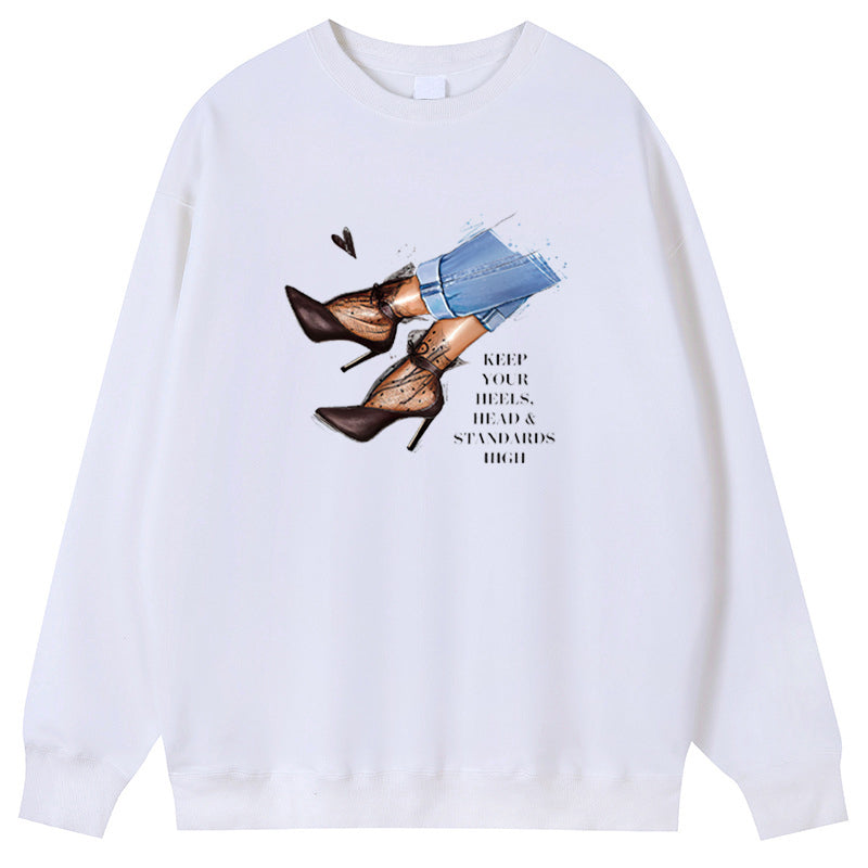 Jeans high heels Cotton Crew Neck Hoodies Fleece Pullover Sweatshirts