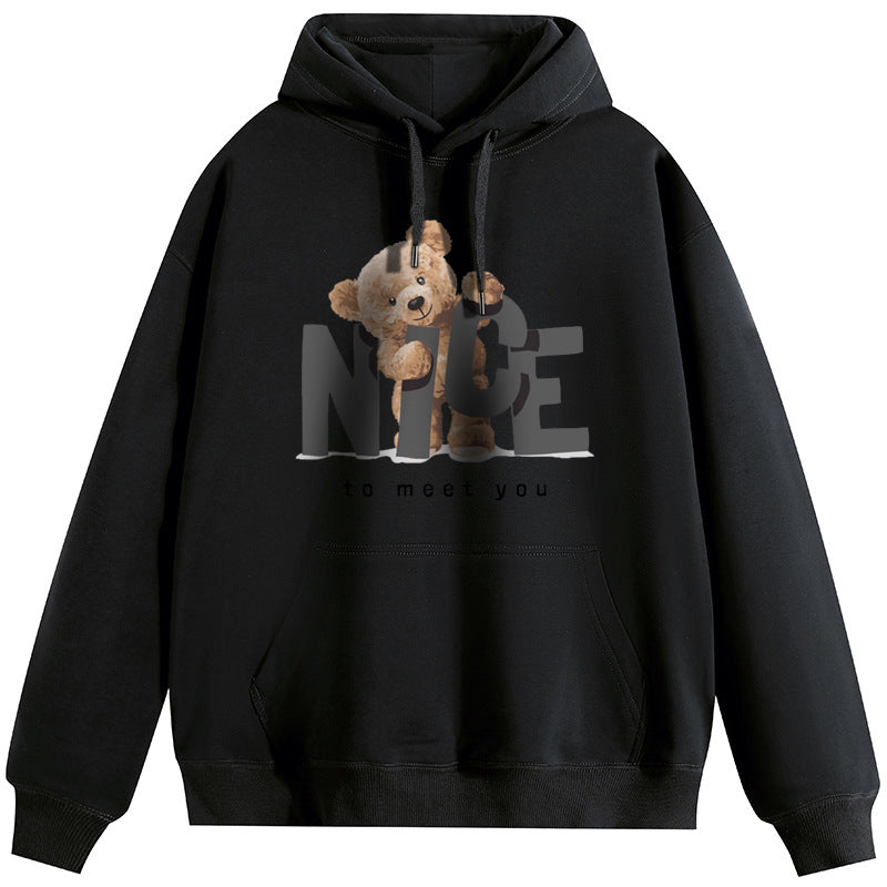 Nice Bear Plush Hooded Collar Drawstring Hoodies Pullover Sweatshirts Casual Long Sleeve Shirts