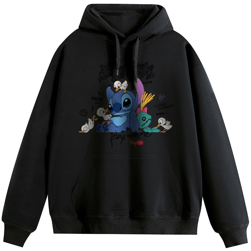 Duckling and Stitch  Unisex Plush Hooded Collar Drawstring Hoodies Pullover Sweatshirts Casual Long Sleeve Shirts