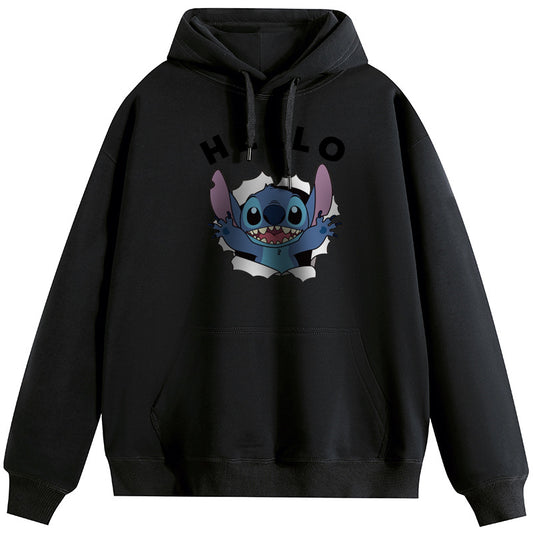 HELLO Stitch  Unisex Plush Hooded Collar Drawstring Hoodies Pullover Sweatshirts Casual Long Sleeve Shirts