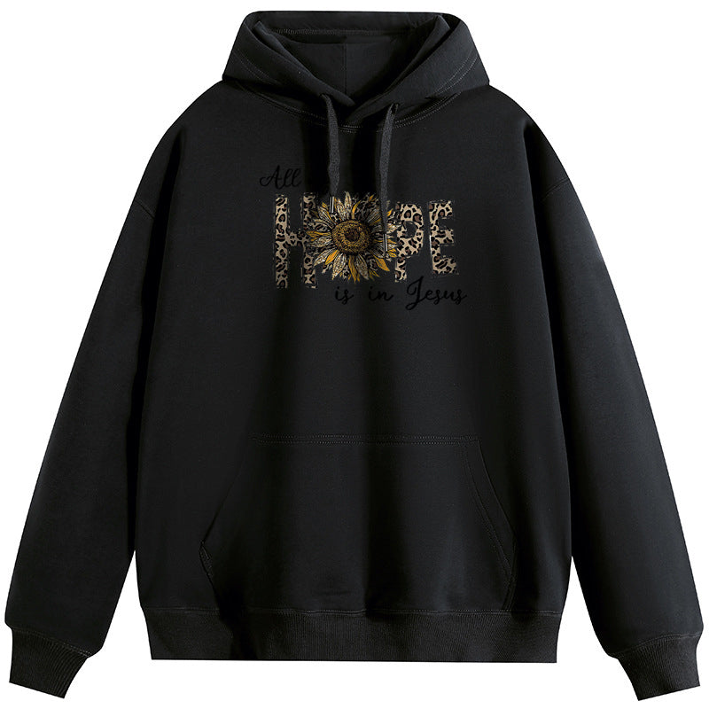 Sunflower of hope Cotton Plush Hooded Collar Drawstring Hoodies Pullover Sweatshirts Casual Long Sleeve Shirts