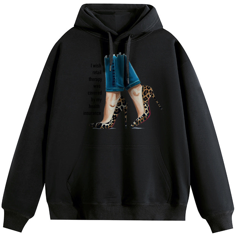 Fashion High Heels Plush Hooded Collar Drawstring Hoodies Pullover Sweatshirts Casual Long Sleeve Shirts