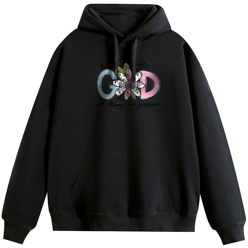 GOD Cotton Plush Hooded Collar Drawstring Hoodies Pullover Sweatshirts Casual Long Sleeve Shirts