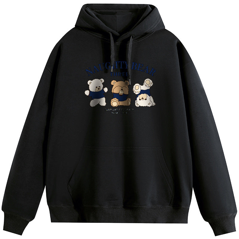 Three Cute Bears Plush Hooded Collar Drawstring Hoodies Pullover Sweatshirts Casual Long Sleeve Shirts