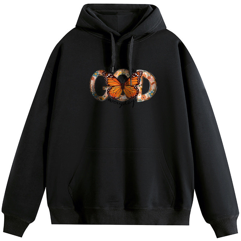 God Behind the Butterfly Cotton Plush Hooded Collar Drawstring Hoodies Pullover Sweatshirts Casual Long Sleeve Shirts