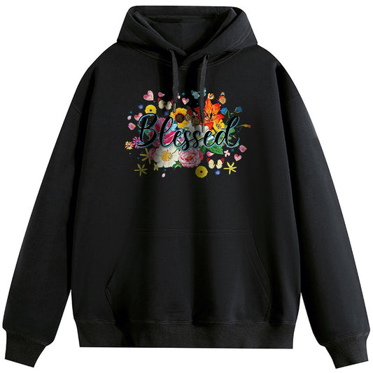 Flowers Cotton Plush Hooded Collar Drawstring Hoodies Pullover Sweatshirts Casual Long Sleeve Shirts