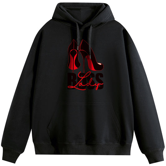 Lady Boss Plush Hooded Collar Drawstring Hoodies Pullover Sweatshirts Casual Long Sleeve Shirts