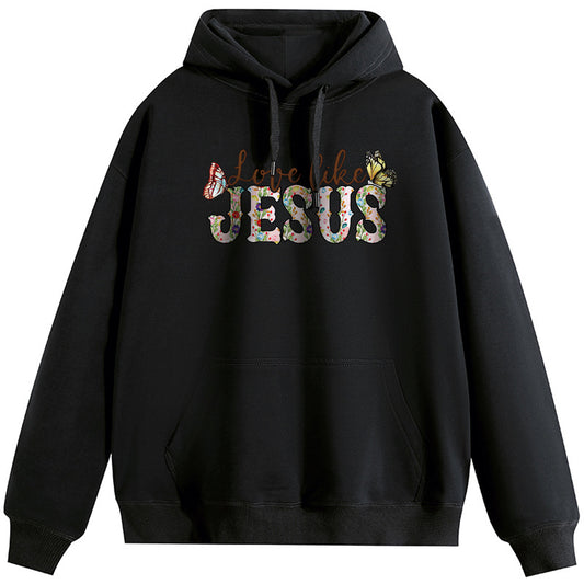 Two Butterflies of Jesus Cotton Plush Hooded Collar Drawstring Hoodies Pullover Sweatshirts Casual Long Sleeve Shirts