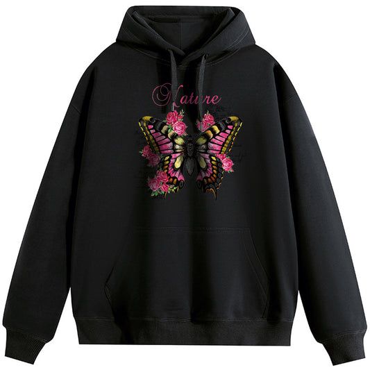 Butterflies and flowers Cotton Plush Hooded Collar Drawstring Hoodies Pullover Sweatshirts Casual Long Sleeve Shirts