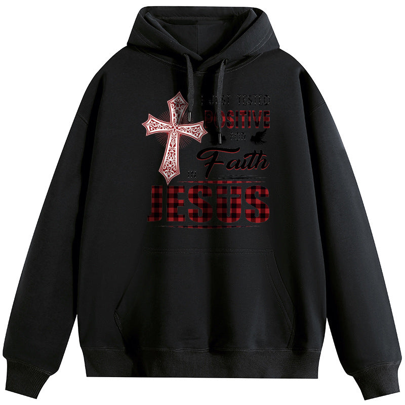 JESUS Plush Hooded Collar Drawstring Hoodies Pullover Sweatshirts Casual Long Sleeve Shirts