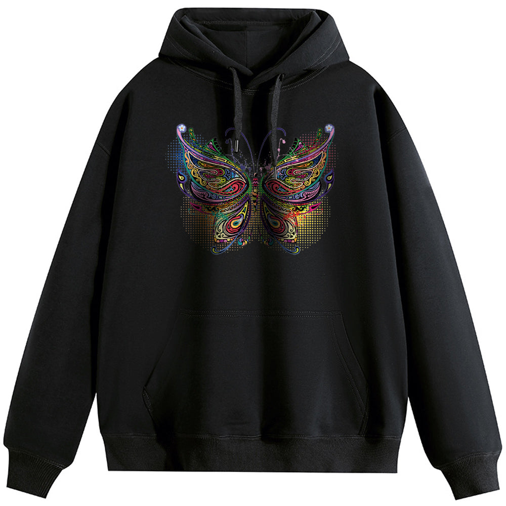 Color Butterfly Cotton Plush Hooded Collar Drawstring Hoodies Pullover Sweatshirts Casual Long Sleeve Shirts