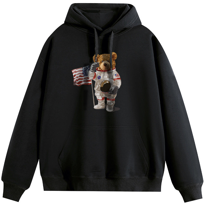 Space Bear  Unisex Plush Hooded Collar Drawstring Hoodies Pullover Sweatshirts Casual Long Sleeve Shirts