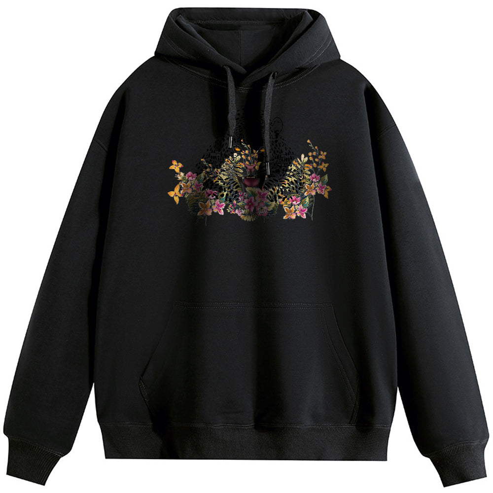 Tiger in the flowers Cotton Plush Hooded Collar Drawstring Hoodies Pullover Sweatshirts Casual Long Sleeve Shirts