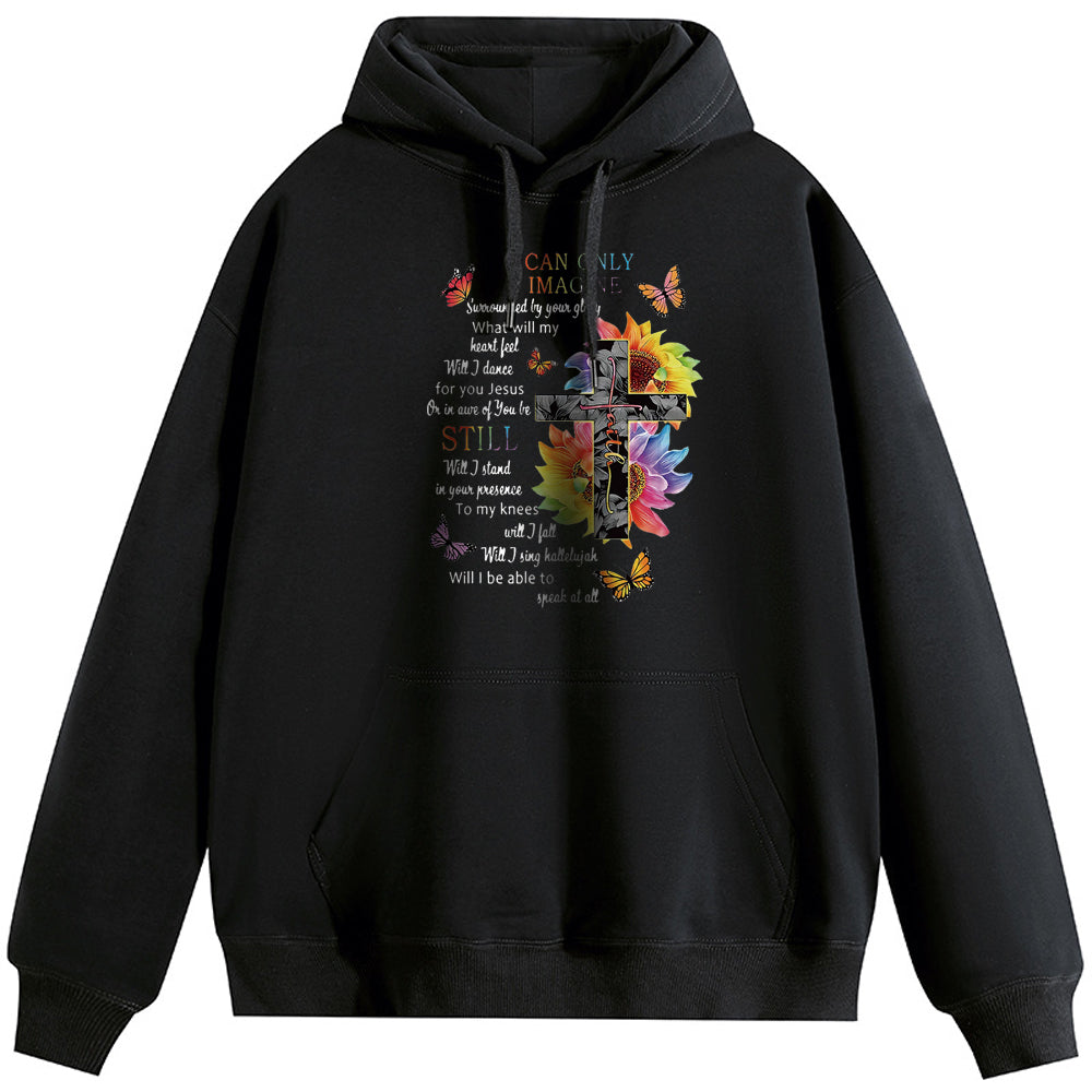 Cross on flowers Cotton Plush Hooded Collar Drawstring Hoodies Pullover Sweatshirts Casual Long Sleeve Shirts